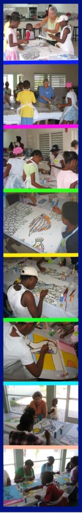 children painting artwork with volunteers to hand in home